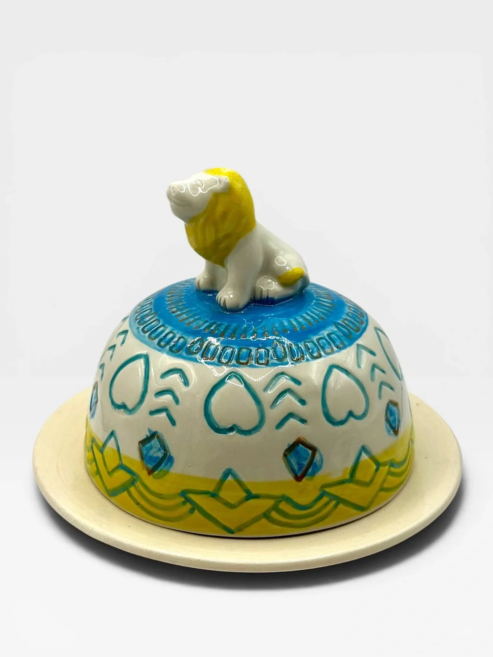 Anthropologie Lion Lidded Dome  Ceramic Butter Dish with Lion Finial Handpainted